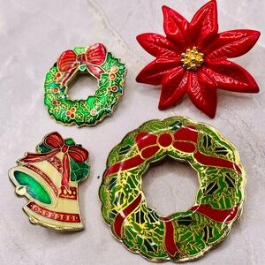 Vintage Festive Holiday Enamel Brooch Lot Set of 4